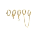 Detail of 5-piece gold earring set featuring cz inlay, chains, and dangle pendants - Gold-White Zircon