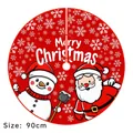 90cm red Christmas tree skirt with white snowflakes, Santa Claus and snowman print - Red Base Snowflake Santa Snowman