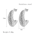 Vintage silver C-shaped stainless steel earrings with dotted texture and polished finish - Silver Dotted Pitted Texture