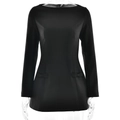 Elegante abito nero a trapezio a maniche lunghe con scollo a barchetta e fiocchi in vita - S / Nero