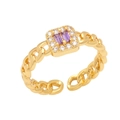 Detail van verstelbare gouden ring met Cubaanse kettingband en paarse zirkoon-halo - Open Verstelbaar / Paars