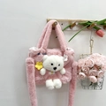 Cute pink plush shoulder bag for girls featuring a 3D teddy bear and floral charms - Pink