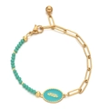 Detail of gold enamel feather charm bracelet with blue-green beads on white background - Lake Blue