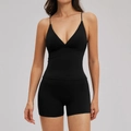 Schwarzes Yoga-Set für Damen mit V-Ausschnitt Top und High-Waist Sport-Shorts - S / Premium Schwarz