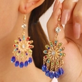 Bohemian gold carved starburst earrings with multi-colored crystals and blue bead drops - KC Gold A-413