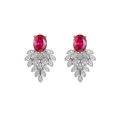 Silver earrings with oval red sapphire and leaf-shaped white zircon cluster accents - Red Sapphire Earrings