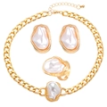 Golden Cuban chain jewelry set with irregular white baroque pearls necklace and ring - Gold Baroque Pearl 3-Piece Chain Set (28)