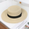 Classic handmade beige straw boater hat with a black ribbon trim for summer style - Wheat Straw Boater Hat - Black Buckle Ribbon