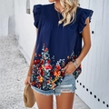 Detail of navy blue top with floral print, ruffle sleeves and pleated round neckline - S / Navy Blue
