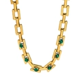 Macro detail of gold link chain necklace with a round emerald green gemstone inlay - Single Zirconia Necklace - Rectangle Link (CK801)