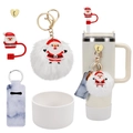 Christmas themed accessory set for tumblers with silicone straw caps and fuzzy pompom charm - Santa Claus Theme
