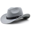 Classic light gray wool felt cowboy hat with black buckled leather belt for men and women - M (56-58cm) / Light Gray