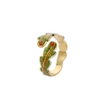 Close-up of gold-plated leaf ring featuring gradient enamel feathers and vintage details - Adjustable Open / Colorful Feather (J386-3)
