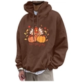 Brown fleece Thanksgiving Day hoodie with festive turkey and pumpkin print - S / Brown Turkey Print (32)