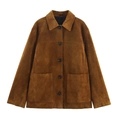 Chaqueta de ante sintético para mujer en color camello oscuro con solapa y bolsillos - XS / Marrón Oscuro