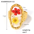 Golden stainless steel open ring featuring resin with red and yellow dried flowers - US 7 / Gold