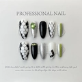 Handmade press-on nails set featuring green gems, snake patterns, and silver glitter - Extra Small (XS)