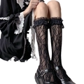 Elegant black lace knee-high socks with floral patterns and ruffled trim for Lolita style - Black Lace