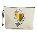 Off-white canvas makeup bag with geometric gold and navy triangles and black zipper - Overlapping Triangles (Style 3)