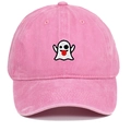 Close-up of cute ghost embroidery on pink washed cotton baseball cap with vintage texture - One Size / Pink
