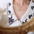 Oval rose engraved pendant necklace in 18k gold plated stainless steel on model - June Flower(P1140) / 40cm+5cm / Gold