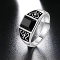 Macro shot of men's vintage silver ring with square black stone and carved side details - Adjustable Open / Style G-Retro Cloud Pattern / Silver/Black