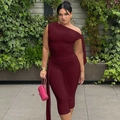 Close-up of deep red two-piece set featuring off-shoulder top and slim fit trousers - 1XL / Burgundy