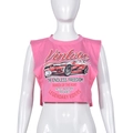 Detail of pink cropped tank top with vintage racing print on mannequin stand - S / Racing Pink
