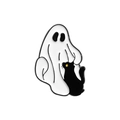 Pin de esmalte de Halloween con un fantasma blanco abrazando un gato negro de ojo amarillo - Fantasma Abrazando Gato (QHXZ465)