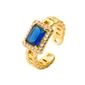Adjustable gold chain ring featuring a rectangular blue gemstone with diamond halo - Adjustable Open / Chain Texture Rectangular Stone / Blue