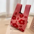 Chic pink knitted tote bag with large red floral patterns for women casual wear - Rose Red with Red Flowers