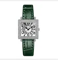 Reloj cuadrado plateado para mujer con bisel de strass y correa de piel de cocodrilo verde - Caja Blanca Cuero Verde