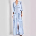 Elegant light blue V-neck maxi dress featuring lace hollow-out details and lantern sleeves - S / Sky Blue