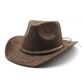 Classic dark brown suede western cowboy hat with bohemian beaded decorative band - M (56-59cm) / Brown (Suede)