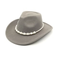 Detail of grey felt cowboy hat with elegant white pearl flower headband on white background - M (56-58cm) / Light Gray