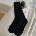 Sweet Lolita black mid-calf socks with large mesh bows and ribbed texture for women - Mesh Bow White / Black Mesh Bowknot