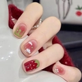 Short strawberry and daisy press-on nails with red and pink gradient finish - R370 Strawberry Jam / Nail Glue Version