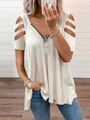 White waffle knit T-shirt featuring a zipper V-neck and cut-out shoulder details - S / White