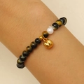 Retro beaded elastic bracelet with gold sand black beads and a golden pumpkin charm - Black Glitter Bead Gold Bell Bracelet Style (N-583)