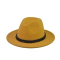 Detail of mustard yellow wool fedora hat with a bold black chain decorative band - Caramel with White Chain