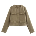 Elegant brown tweed cropped jacket with round neck and gold embossed buttons for women - XS / Olive Green
