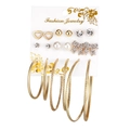Golden multi-piece earring set featuring leopard print hearts, pearls, and butterfly studs - Gold Bow Heart Rhinestone Combination (EJ78351)