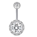 Surgical steel belly button ring in silver with a round white zircon halo design - Silver Large Zircon