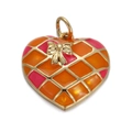 Close-up of golden heart pendant with orange and pink enamel patterns and bow detail - CX150-10 Bow Checkered Heart - Orange Pink