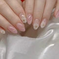 Pink and white oval press-on nails with glitter cat-eye effect and 3D flower art - Bz1264 Pink Lotus / Phototherapy Tool Kit Style