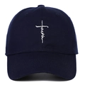 Close-up of the white Faith cross embroidery on the navy blue cotton baseball cap - Adjustable / Navy Blue