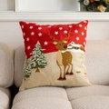 Tufted Christmas pillow case with reindeer and snowflake embroidery on red fabric - Full Embroidery Reindeer