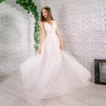 White V-neck sleeveless lace wedding dress with beaded floral applique and A-line tulle skirt - S / Ivory