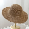 Detailed view of dark camel woven straw hat with breathable openwork and round crown - 10cm Brim (Shaping Wire) / Khaki