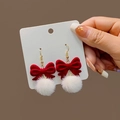 Red velvet bow earrings with white pom-poms and pearls for a festive winter look - E4895 Red Bow Hairball Ear Hook Style